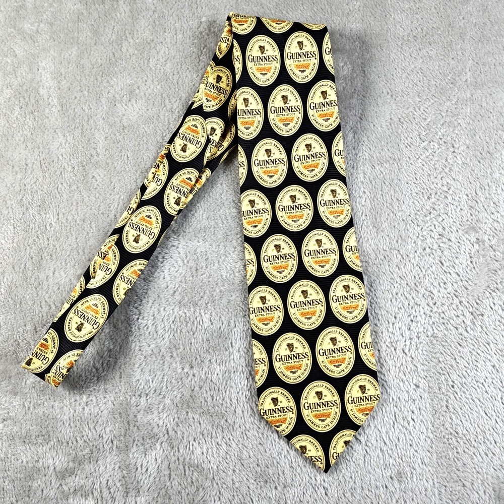 Guinness Beer Tie Mens Black Gold Extra Stout Label Logo All Over Print Brewery